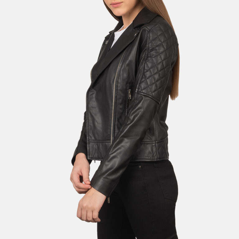 Womens Carolyn Quilted Black Biker Jacket Side Pose-3-1659378779708